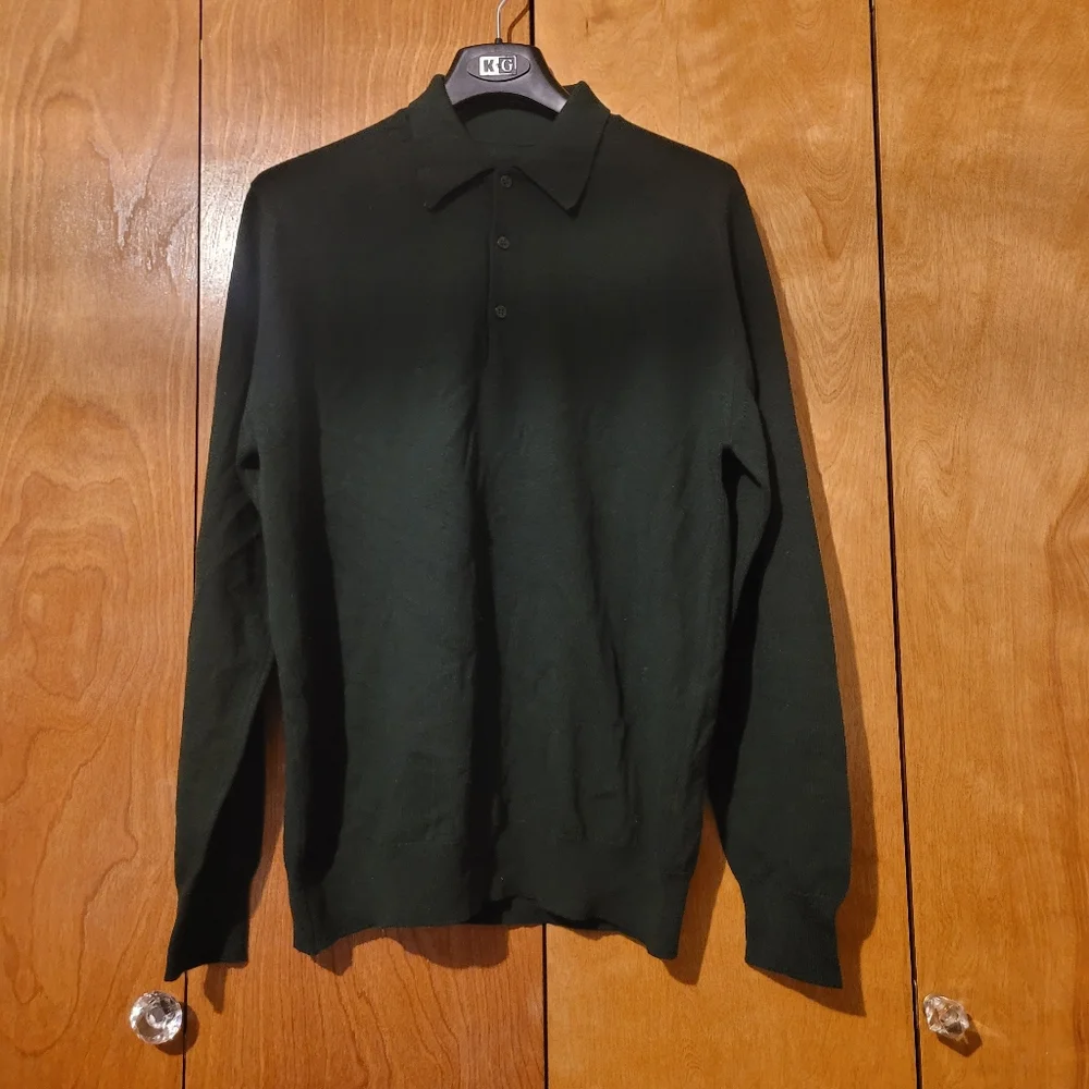 Vtg Gieves Hawkes Collared Sweater Mens Large Pure Wool Pullover Green Black 2pc